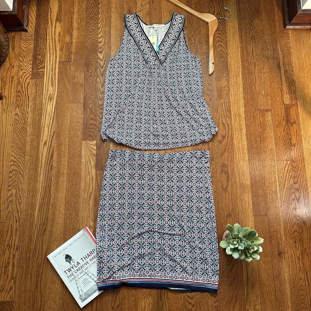 Max Studio Two Piece Top & Skirt Geometric Navy Red & White Set